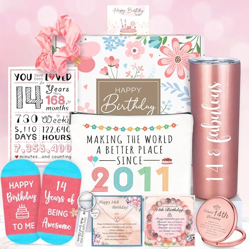 14 Year Old Girl Birthday Gifts for 14 Year Old Girls Gifts Trendy Stuff 14th Birthday Gift for Girl Happy 14th Decoration Present Set with Tumbler Socks Makeup Bag Mirror Headband for Teen Girls