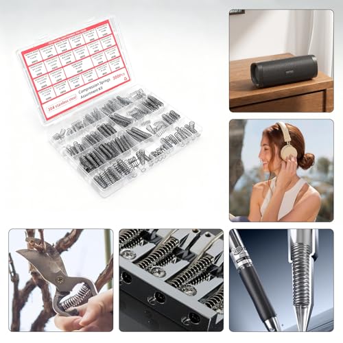 300-teilig Edelstahl Druckfedern Set, 304 rostfrei, Verschiedene Größen (0.4-1.0mm Drahtstärke, 3-8mm Außendurchmesser), Für Modellbau, Reparaturen, Werkstatt