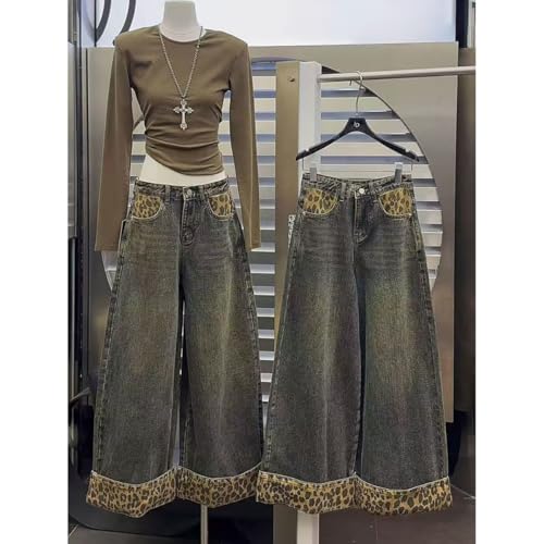 American Street Style Women's Retro Leopard Print Patchwork Jeans, Spicy Girl Street Loose Hip-hop Wide Leg Pants3