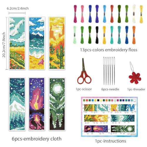 INFUNLY 6pcs Scenery Cross Stitch Bookmark Kit DIY Beach Stamped Embroidery Bookmark Kits 8x2.4 Mountain Needlepoint Bookmark Kit with Instruction Aurora Easy Cross Stitch Kits for Adults Beginners - Image 2