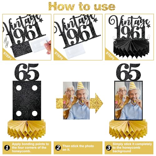 Image of Eucutur 8Pcs 65th Birthday Decorations Honeycomb Centerpieces for Women Men, Black Gold Vintage 1961 65th Bday Photo Table Centerpieces Party Supplies, Glitter Cheers to 65 Year Old Bday Table Topper
