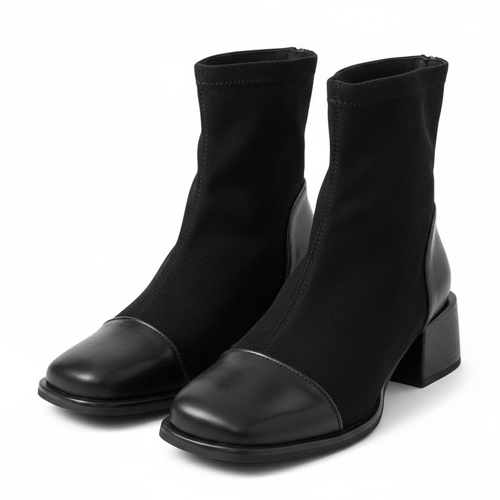 Womens Square-Toe Chunky Heel Ankle Boots With Zipper Stylish Suede Patchwork Heel Non-Slip Formal Short Boots For Parties