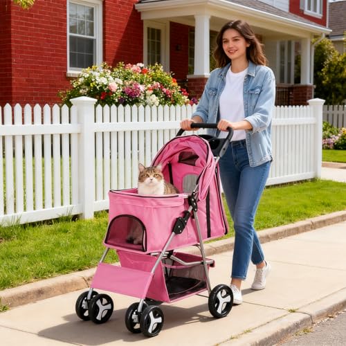 Image of ZENY Foldable Pet Stroller, Cat /Dog Stroller with 4 Wheel, Pet Travel Carrier Strolling Cart with Storage Basket, Cup Holder (Pink)