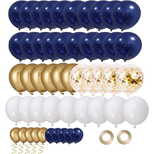 70 Pièces Ballon Bleu Or Anniversaire, Ballon Bleu Marine Bleu Blanc Ballon Confettis Ballon Métallique Doré Latex Ballons de Baudruche pour Mariage Baby Shower Baptême Diplômé (Bleu Or)