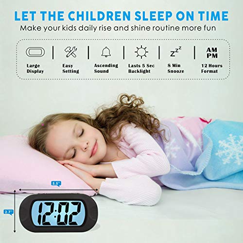 Image of Plumeet Kids Alarm Clock Large Digital LCD Travel Alarm Clocks with Snooze and Night Light - Ascending Sound and Handheld Size - Best Gift for Kids (Black)