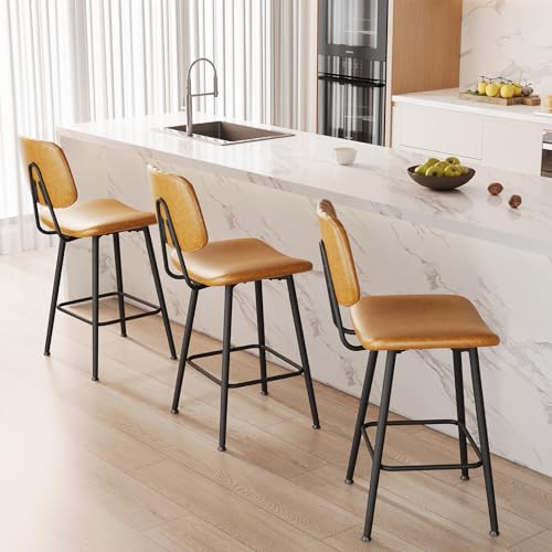 Image of Raynesys 24-Inch Leather Bar Stools Set of 3 with High Backrest, Brown