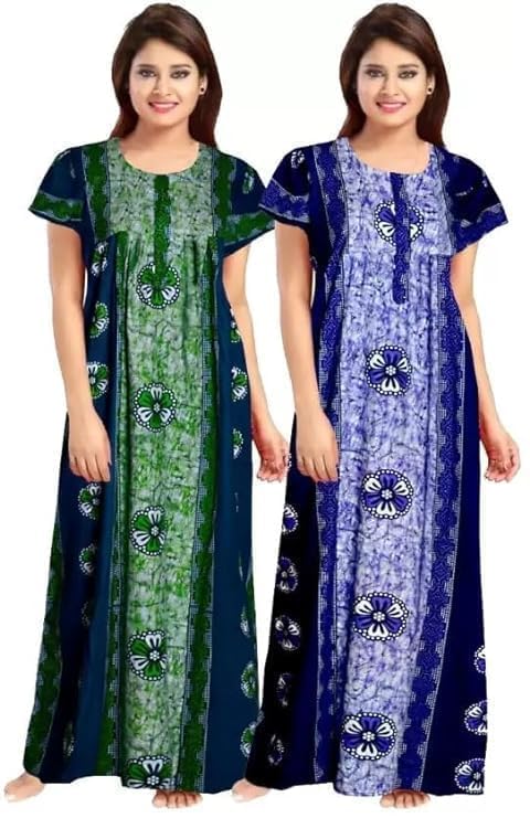 Image of NILOUFO Women's Cotton Printed Maxi Nighty - Pack of 2 | Soft Ankle-Length Sleepwear Gowns for Women | Free Size Night Dresses (Blue,Green, Free Size)