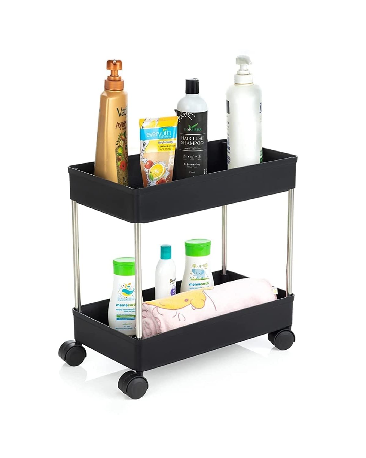Leaffybezz Plastic Space Saving Storage Organizer Rack Shelf with Wheels for Kitchen, Office, Bathroom and Bedroom (2 Layer, Black)
