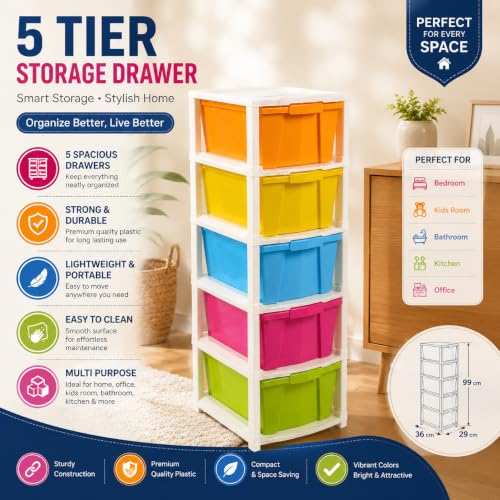 Image of 5XL Extra Large Plastic Drawer Organizer - Modular Storage Cabinet for Kitchen, Bathroom & Home (Space-Saving Design, 27x32x85 cm, Multicolour)