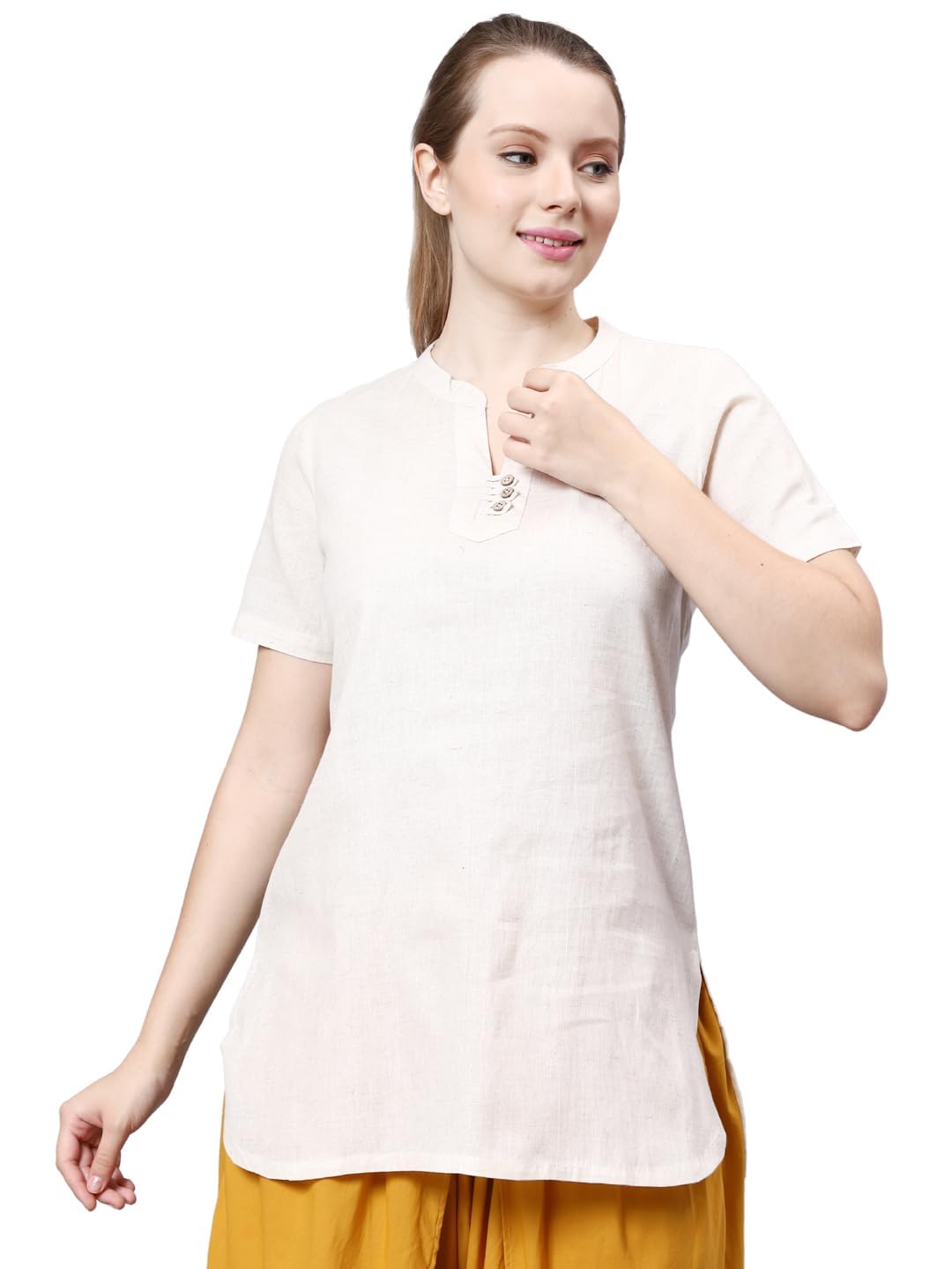 Women Khadi Short Cotton Off White Kurta-image-48