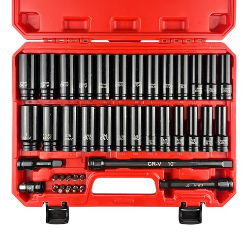 1/2" Drive Impact Socket Set, SAE and Metric, Cr-V Steel, 6 Point Deep & Shallow Sockets (40pcs 1/2" Socket Set)