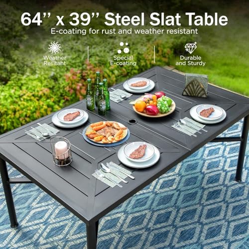Image of PHI VILLA 7 Piece Patio Dining Set, 64 inch Steel Table | Outdoor Dining Set for 6 for Patio, Deck, Yard, Garden