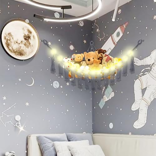 Image of CERETIA Stuffed Animal Hammock with LED Light, Large Stuffed Animals Storage Corner Plushie Net for Kids Room Decor, Jumbo Grey