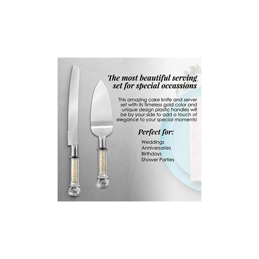 Homi styles Wedding Cake knife and Server Set | Elegant Color Premium 420 Stainless Steel plated Blades | Cake & Pie Serving Set for Wedding Cake, Birthdays, Anniversaries, Parties (Pearl Filled)