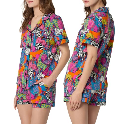 Image of Trina Turk Womens Short Sleeve Notch Collar & Shorts Sleepwear Pajama Set, Organic Cotton