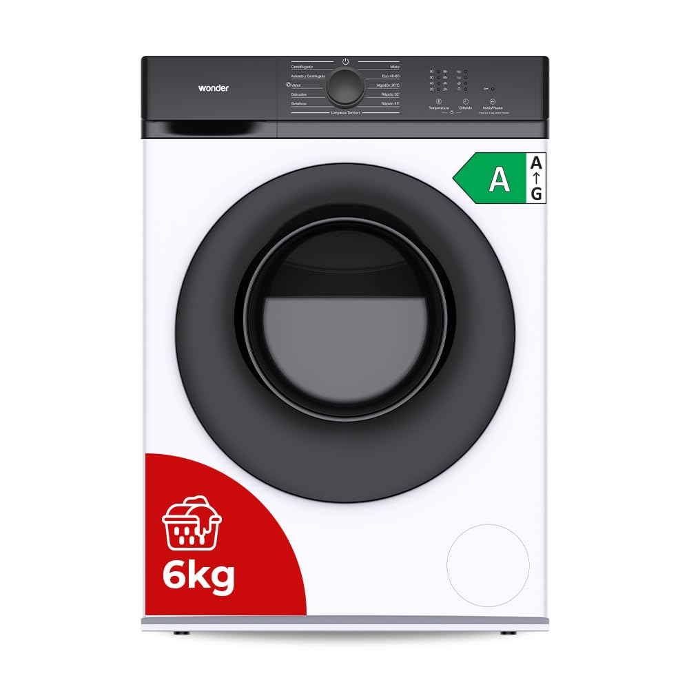 Wonder Lavadora 6Kg Carga Frontal Blanco WL6204AI. 1600W, 1200rpm, Motor Inverter, 11 Programas, Función Stop&Go, Tambor Diamante, Clase de Eficiencia Energética A