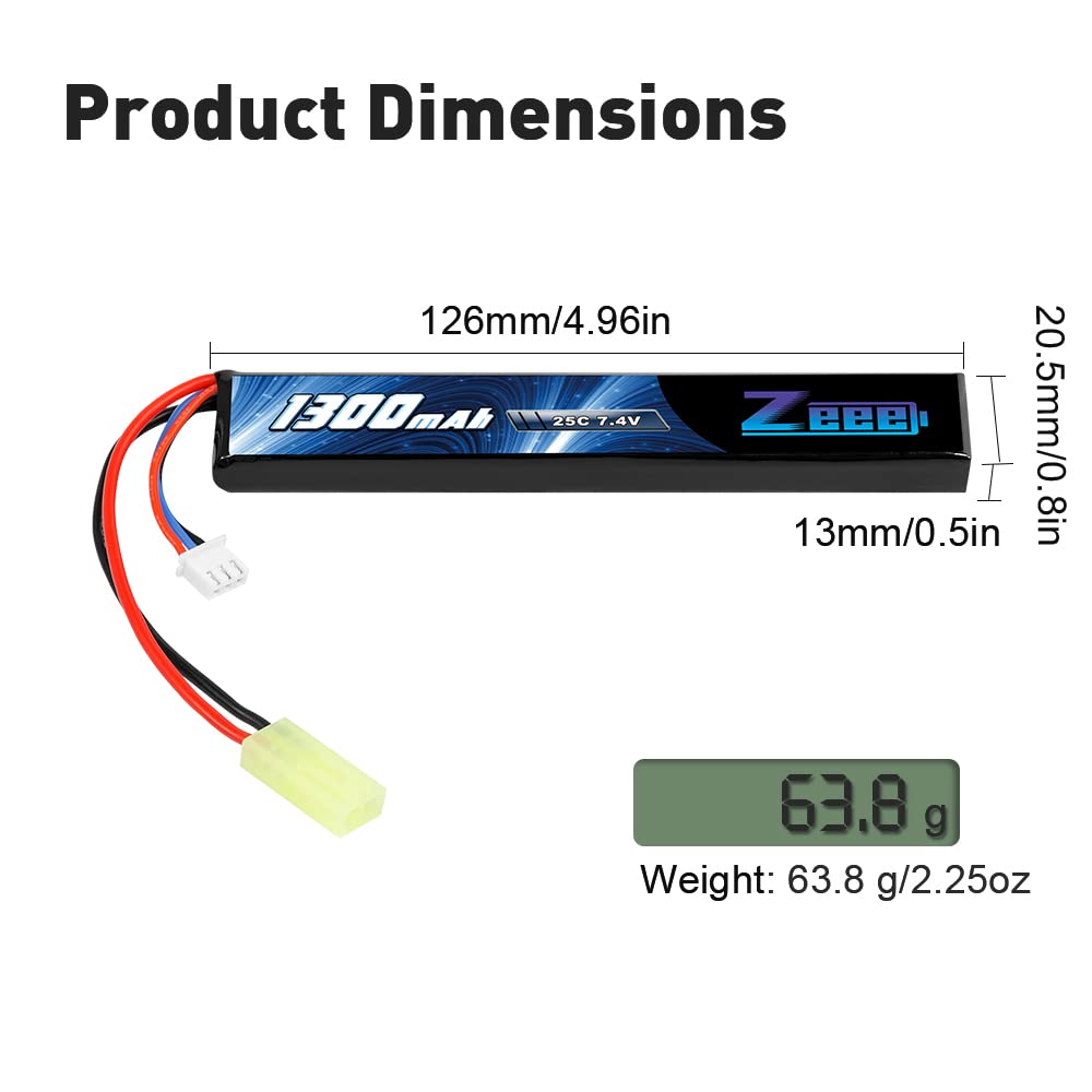 Zeee 2S Lipo Batteria 7.4V 25C 1300mAh Batteria Lipo tipo Stick per Modelli Airsoft
