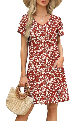 Image of OFEEFAN Womens Summer Dresses 2026 Tulip Petal Short Sleeve V Neck Loose Swing Sundresses with Pockets Plain /Print
