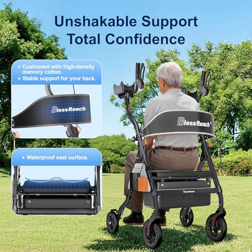 Image of BlessReach Heavy Duty Upright Rollator Walker for Seniors with Seat, 450lb Capacity, 8 inch All-Terrain Wheels, 6 Height Adjustments, Padded Seat & Backrest, Easy Assembly, Foldable Design, Black