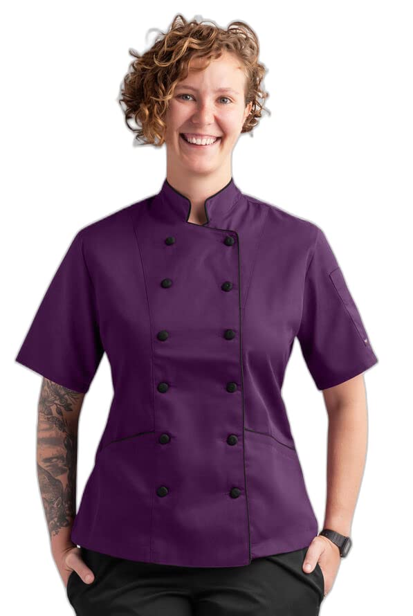 Tailored w/Piping Women's 3-Pocket Short Sleeve Chef Coat white (EGG PLANT/BLACK, M)