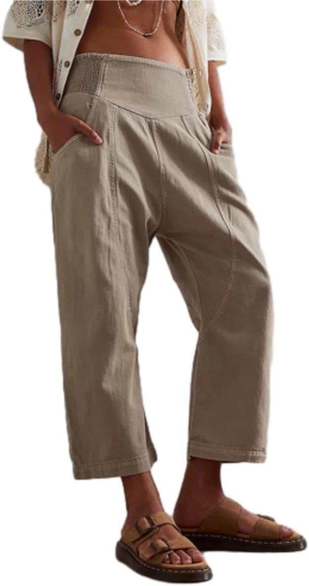 Denim Harem Pants for Women Loose Fit Wide Leg Cropped Barrel Jeans