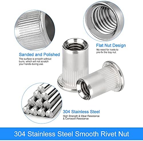BUENTYA 50 Pcs Rivet Nut M6 Rivnut Flat Head Threaded Insert Rivet Nut 304 Stainless Steel Rivet Insert Nutserts Assort Nutsert Assortment Kit for Automotive Furniture Electrical and Industrial