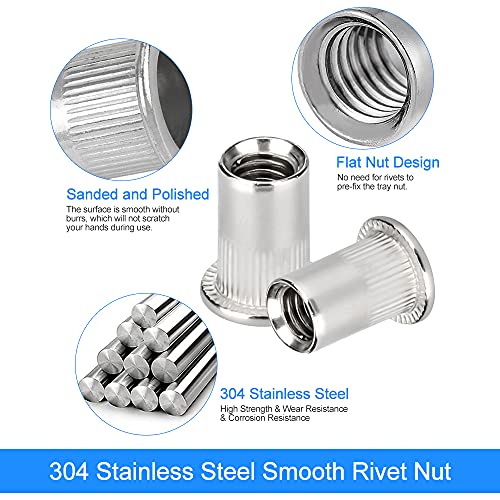 BUENTYA 50 Stücke Nietmuttern M6 Blindnietmutter Edelstahl Gewindenieten Einnietmuttern Senkkopf Silber Blindmuttern Flachkopf Gewinde Nietmutter für Befestigung Autor Möbeln Dekorationen Handwerk
