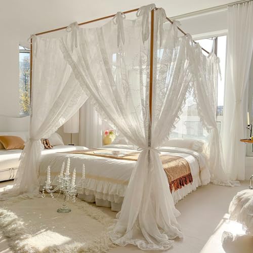 Ciel de lit princesse en dentelle, moustiquaire à 4 poteaux d'angle avec 3 ouvertures pour lit double, rideau romantique pour chambre à coucher, Bei Blanc