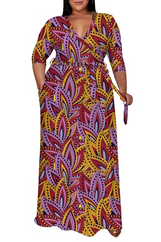 Image of Runwind Plus Size Dress for Women - 3 /4 Sleeve V Neck Maxi Dresses for Women (XL-6XL)