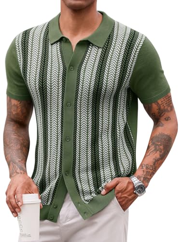 Runcati Mens Knit Polo Shirts Vintage Casual Short Sleeve Shirt Golf Button Down Old Money Sweater Green
