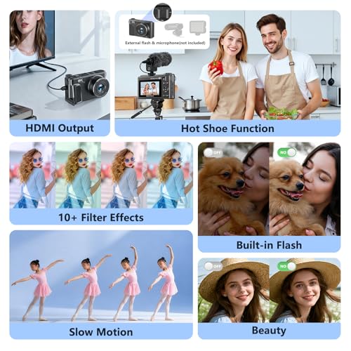 Image of 8K Digital Camera for Photography,88MP HD WiFi Vlogging Camera for YouTube with 3 inch 180 Flip Screen,Autofocus,Compact Camera with 18X Digital Zoom,Flash,32GB TF Card & 2 Batteries(Gunmetal)