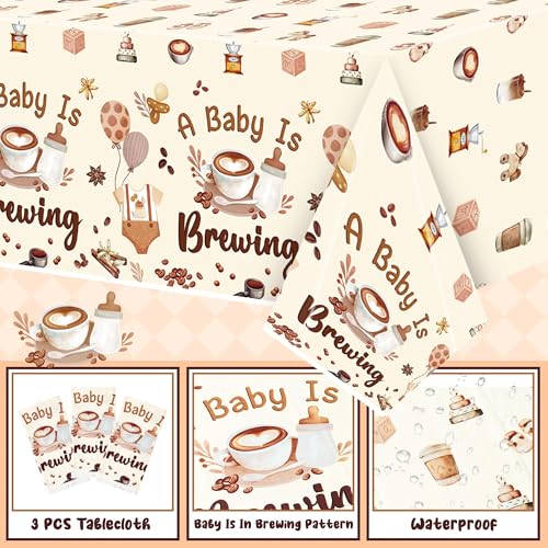 Image of K1tpde Coffee Themed Baby Shower Tablecloths - 3PCS A Baby is Brewing Party Disposable Tablecloths for Kids, Coffee Beans Shower Welcome Baby Decorations Pregnancy Diaper Gender Reveal Party Supplies