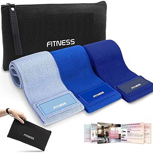 UNISEX Fabric Resistance Bands - 3 Set Non Slip Workout Exercise Bands - Ideal for Butt Booty Glutes Legs Hips Groin Squats Strength Training Rehab (Blue)