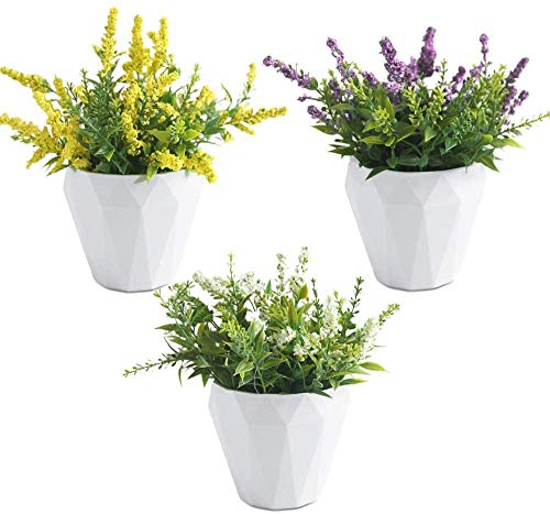 Künstliche Blumen Seidenstrauß Gypsophila Gefälschte Blumenblüte Realistische Blumen mit Kleinen Keramikvasen 3er-Set Brauthochzeitsarrangements für Home Hotel Office Tischdekoration Cover