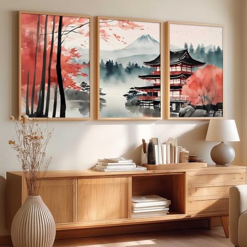 Image of kotart Big Aesthetic Mount Fuji View Wall Art Paintings | Mountain Landscape Framed Painting | Nature Art Vastu Frames for Living Room Bedroom Wall Decor Set Of 3 (10X13 inch)