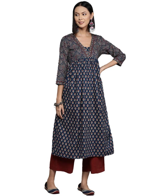 Varanga Womens Blue & Maroon Bandez Printed Anarkali Kurta  Elegant Long Sleeve Traditional Dress, Indian Ethnic Wear For Women, Casual & Festive Attire (Large)