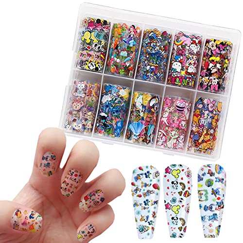 10 Rolls Cute Cartoons Nail Foil Transfer Stickers Nail Art Supplies Designer Nail Stickers Holographic Nail Art Foil Decals Cartoon Designs for Women Kids Girls Acrylic Nails DIY Decoration Decals