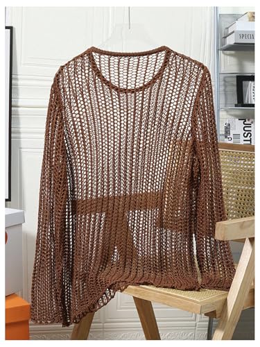 Floerns Men's Crochet Knit Sheer Tops Party Club Hollow Out Long Sleeve Crew Neck Sweaters2