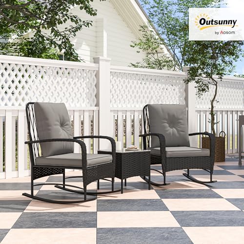 Outsunny 3 Pieces Rattan Bistro Set with Rocking Chairs, Wicker Patio Furniture Set with Thick Cushions, Bistro Table Set Outdoor Patio Conversation Set for Porch Balcony, Grey - Image 3