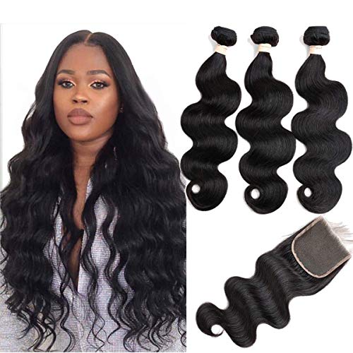 FLE Hair Brazilian Body Wave Bundles With Closure (18 20 22+16 Closure) 8A 100% Unprocessed Brazilian Virgin Human Hair 3 Bundles with Free Part 4X4 Lace Closure Natural Color