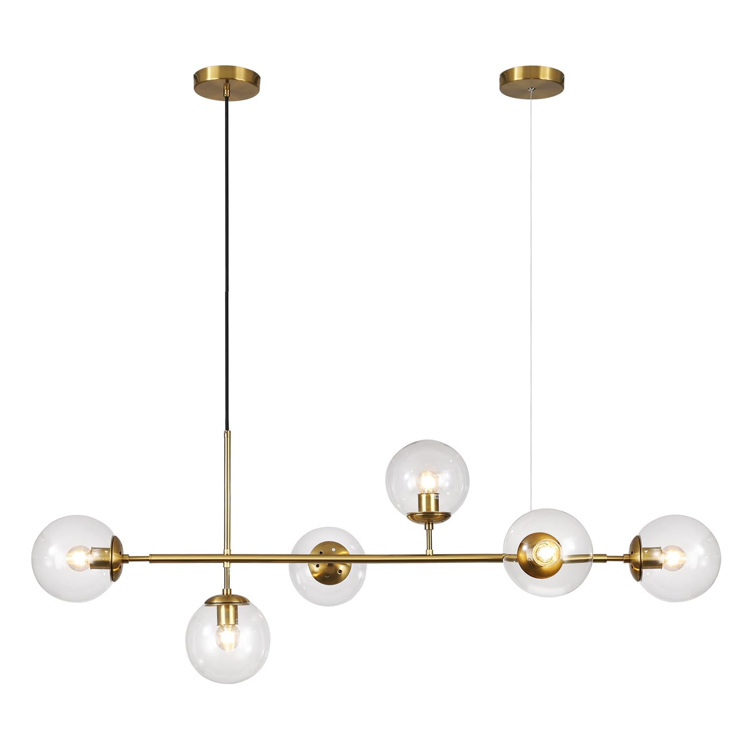 PLQWUJD Modern Chandelier Mid Century Modern 6-Light Bubble Chandelier Clear Glass Globe & Brass Gold Linear Pendant Light for Living Room Kitchen Island Dining Decor