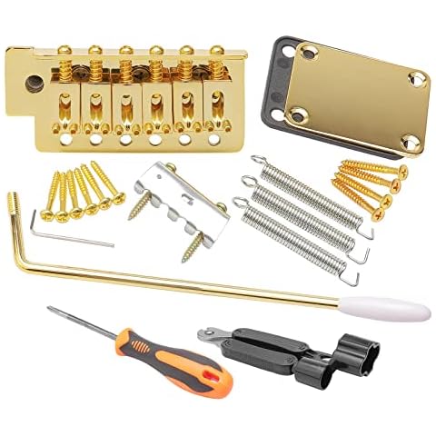 Unxuey Gold 6 String Electric Guitar Bridge Double Locking Tremolo Bridge Bar Kit with Neck Plate Reinforce Board for Fender ST Guitar Cover