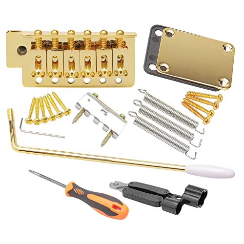 Unxuey Kit de barra de puente de trémolo para guitarra eléctrica, juego de sistema de trémolo de puente de 6 cuerdas con placa de cuello para reemplazo de guitarra Fender Strat, color dorado