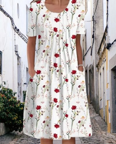 Womens Floral Print Dresses 2025 Summer Casual Short Sleeve Flowy Beach Vacation Elegant Comfy Dress with Pockets4
