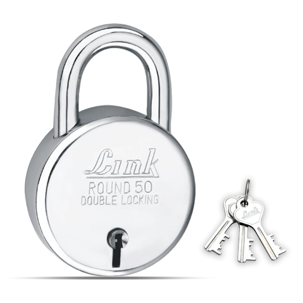 50mm New Round Lock | Steel Body | Iron Liver | Double Locking | 3 Silver Keys | 1 Padlock | Made in India