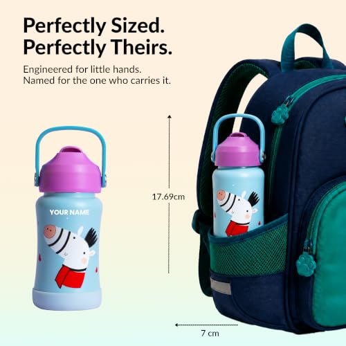 Image of rabitat Steel Play Personalized Kids Stainless Steel Water Bottle 450ml | 2 Year Warranty | Leakproof Sipper, Soft Silicone Spout, Flip-Lock Cap & Handle, BPA-Free 18 /8 SS, Anti-Skid Base, Adorable