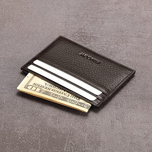Image of HISCOW Slim Full Grain Leather Card Holder with ID Window, Pebbled Coffee | Men's minimalist EDC wallet, front pocket carry, 2 credit card slots & center pocket, fits folded bills, premium gift box
