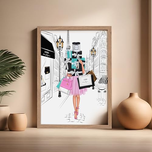 Image of Poster Master Fashion Poster - Lady with Shopping Bags Print - Trendy Art - Modern Art - Gift for Her & Fashionista - Luxury Haute Couture Decor for Bedroom or Girl's Room, 16x20 Beige Framed