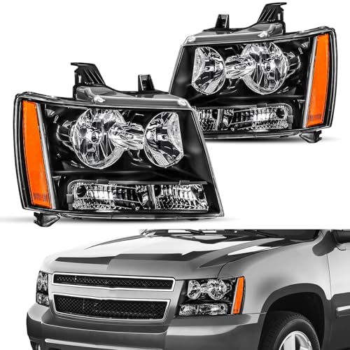 JSBOYAT Headlight Assembly Replacement for 2007-2014 Chevy Tahoe Suburban Avalanche Driver and Passenger Side, Black Housing with Amber Reflector
