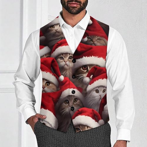 Cats Merry XmasMen's Suit Vest Slim Fit Formal Dress Waistcoat V Neck Casual Business Vests for Suit Or Tuxedo2